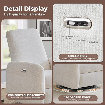 Power Recliner Chair, Swivel Rocker Recliner with USB A/C Charging Ports & Smooth Swivel Motion, Chenille Upholstered Rocking Chair for Nursery,Living Room, Bedroom, Set of 2, Cream