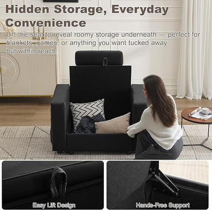 41.1" Accent Sofa Chair with Storage, Faux Leather Living Room Chairs with Headrest and Side Pockets, Mid Century Modern Arm Chair, Upholstered Comfy Single Couch Reading Club Chairs, Black
