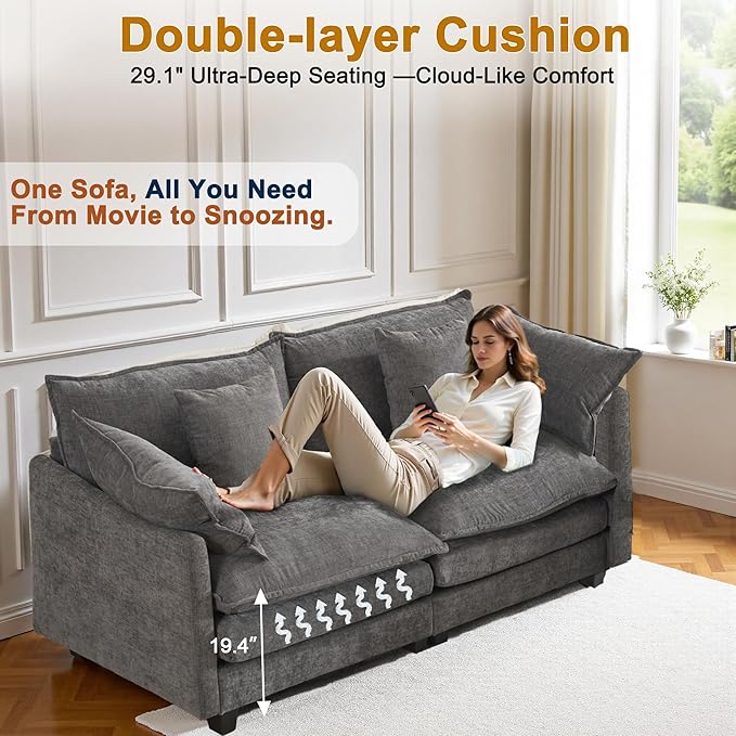 77" Cloud Chenille Sofa Set with Pillows, Deep Seat Loveseat Couch for Apartments, Space Saving 2-Seater with Solid Wood Frame, Easy Assembly (1YR Guarantee)