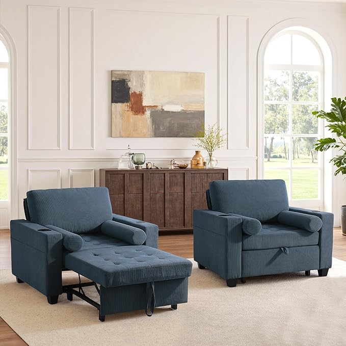 Convertible Sleeper Chair Bed, Comfy Corduroy Single Futon Sofa Chair with Pull Out Bed, 3-Levels Adjustable Backrest Accent Chair with Side Pockets, Cup Holder & USB Ports for Living Room, Bedroom