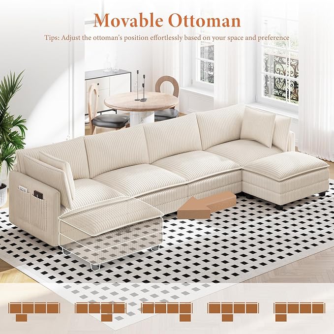 Vesgantti 143" L Shaped Modular Sectional Sofa, Comfy Corduroy Upholstered Modular Sectional Couches for Living Room, Modern Cloud Couch with Ottoman Deep Seat, Beige