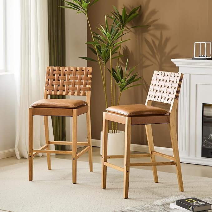 Christopher Knight Home Caitlyn lndoor Barstool Set of 2, Counter Height Stool with Footrest/Backrest for Bar Table, Natural Rubberwood Frame with Faux Leather Upholstery Counter Stool, Brown+Natural