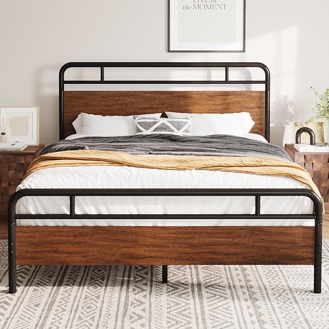Allewie Queen Size Platform Bed Frame with Wooden Headboard and Footboard, Heavy Duty 13 Metal Slats Support, Under-Bed Storage, No Box Spring Needed, Noise Free, Easy Assembly, Walnut