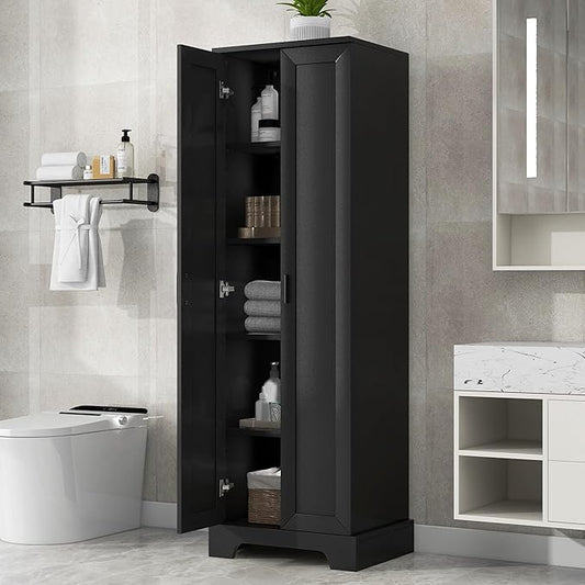 Tall Freestanding Storage Cabinet, Multi-Purpose Floor Organizer with 2 Doors & 5 Adjustable Shelves for Bathroom, Office, Living Room, Black
