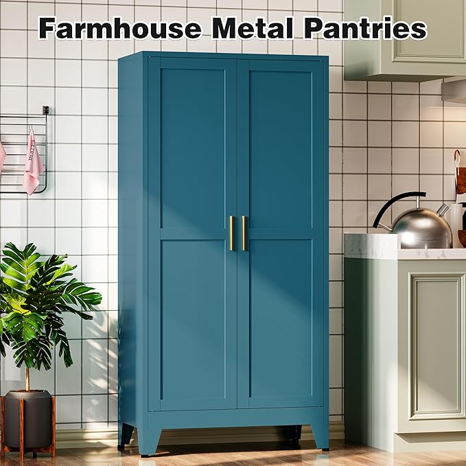 Bathroom Storage Cabinet Freestanding, 61" Tall Metal Cabinets with Doors and Shelves, Blue Metal Pantry Cabinet for Kitchen, Living Room, Home Office