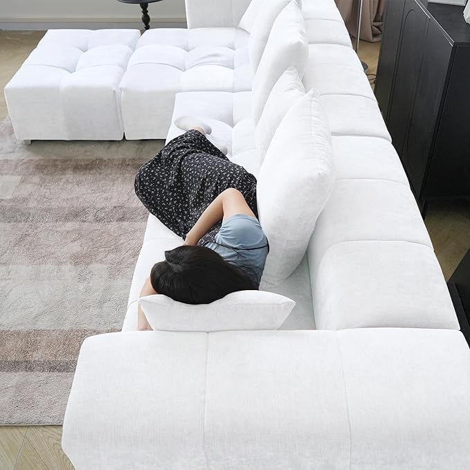 WJShome Oversized Modular Sectional Sofa, V Shaped Couch with Ottoman,Sectional Couches for Living Room,Large Linen Deep Seat with Pillow Couches for Home,Spacious Space,White