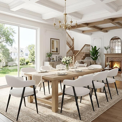 HNY Modern Dining Room Arm Chairs Set of 6, Faux Sherpa Boucle Upholstered Barrel Dining Chairs with Arms Mid-Century White Accent Chair with Metal Legs, Open-Back Kitchen Side Chair for Living Room