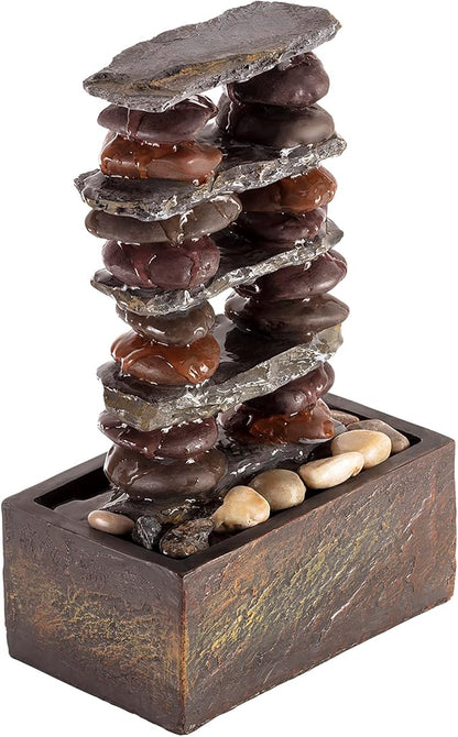 Alpine Corporation TT8002 Indoor/Outdoor Tabletop Stacked Rocks Eternity Fountain, Modern Rocks Tabletop Fountain 12", Brown