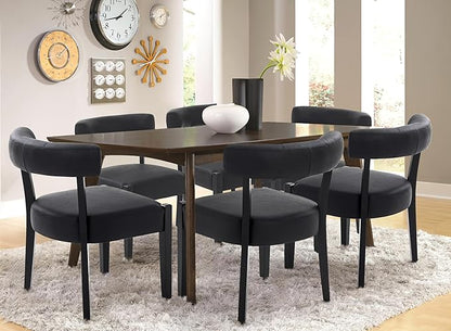 Modern Black Dining Chairs Set of 6, Faux Leather Upholstered Kitchen & Dining Room Chairs, Mid Century Modern Wooden Dining Chairs Oversized Sturdy Rounded Chairs Curved Back