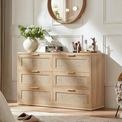 LEYAOYAO Rattan 6 Drawer Dresser for Bedroom, Boho 48" Wide Natural Wood Dresser Chest of Drawers, Dressers TV Stand with Metal Handle, Storage Dressers Closet Organizer for Living Room, Hallway