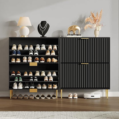 SICOTAS Fluted Shoe Cabinet Storage for Entryway with 6 Flip Drawers-11.8"Deep Frestanding Shoe Organizer Cabinet with 6-tier Shelves, Large 60 Pairs Shoes Rack Cabinet for Foyer Hallway, Black, 3PCS
