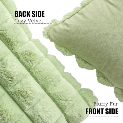 Neelvin Green Faux Fur Cozy Soft Plaid Decorative Throw Pillow Covers 20x20 inch Set of 2,Velvet Pillowcase Cushion Case for Sofa Couch