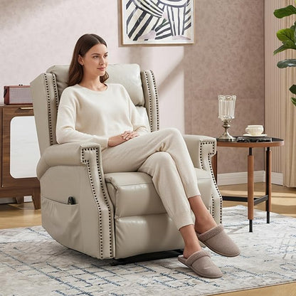Manual Recliner Chair with Massage & Lumbar Heat, Breathable Leather Reclining Chair for Adults, Humanized Design Easy to Install Living Room Recliners Beige