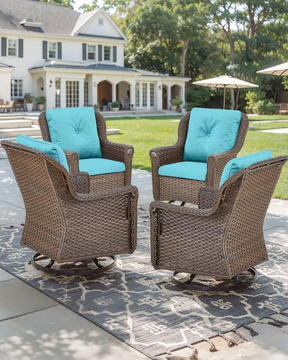 Patio Chairs Outdoor Swivel Glider - Set of 4 High Back Outside Brown Wicker Rattan Rocking Chair with Thick Cushion for Porch Apartment Deck Yard Poolside Garden - Turqoise