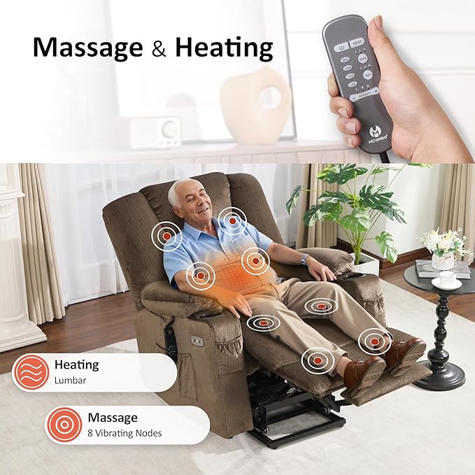 MCombo Oversized Power Lift Recliner Chair with Massage and Heat for Big and Tall Elderly People, Cup Holders, USB Ports, Side Pockets, Fabric R7541 (Brown, Large-Oversize)