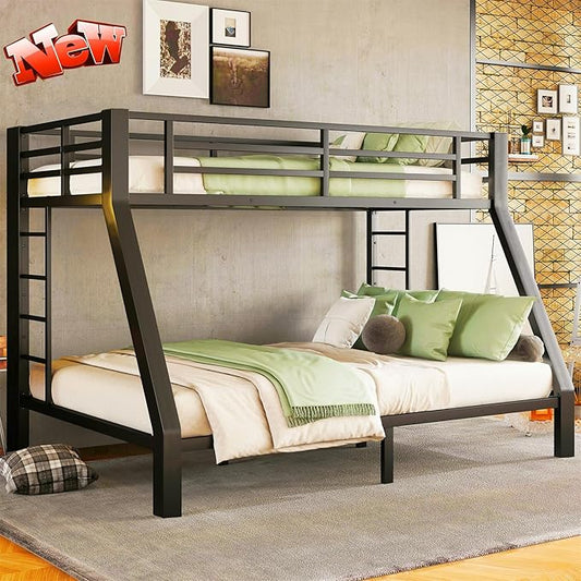 Higher Quality & Stronger Heavy Duty Steel Black Bunk Bed Twin XL Over Queen Size Bunkbed, Thickened More Stable Safer Metal Bunk Queen Bed (Easier to Assemble) (Twin XL Over Queen)