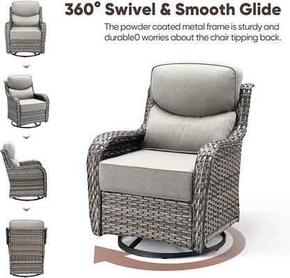 Swivel Patio Chairs Sofa Set of 4 with 6" Thick Cushion - Wicker Outdoor Swivel Rocker Patio Chair with Side Table, High Back Comfortable Outdoor Glider Chairs - Grey Wicker | Beige Cushions