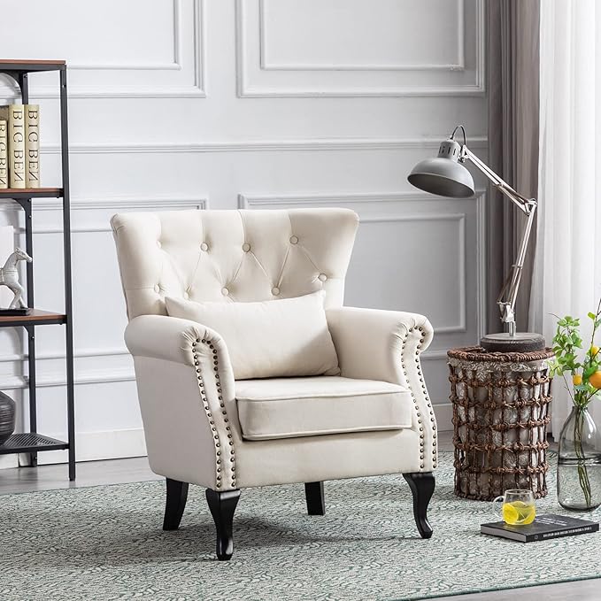 Accent Reading Arm Chairs for Living Room Bedroom, Midcentury Modern Comfy Corner Sofa Chair, Wingback Waiting Room Club Chair with Button Tufted Back &Lumbar Pillow, Linen Beige