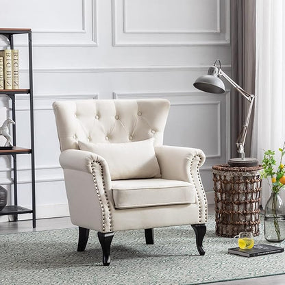 Accent Reading Arm Chairs for Living Room Bedroom, Midcentury Modern Comfy Corner Sofa Chair, Wingback Waiting Room Club Chair with Button Tufted Back &Lumbar Pillow, Linen Beige
