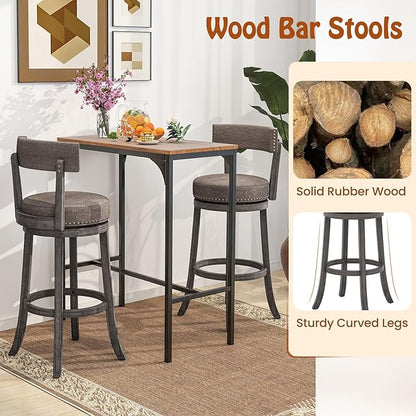 COSTWAY Bar Stools Set of 2, Upholstered Farmhouse Bar stools with Cushioned Seat & Backrest, Solid Wood Legs, Footrest, 31” Bar Height Swivel Stools for Kitchen Island, Pub (2, 31'' Seat Height)