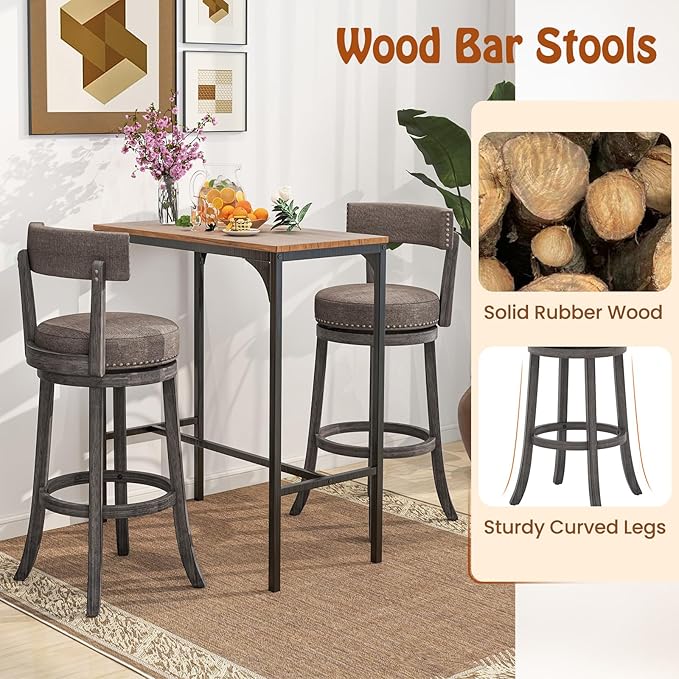 COSTWAY Bar Stools Set of 4, Upholstered Farmhouse Bar stools with Cushioned Seat & Backrest, Solid Wood Legs, Footrest, 31” Bar Height Swivel Stools for Kitchen Island, Pub (4, 31'' Seat Height)