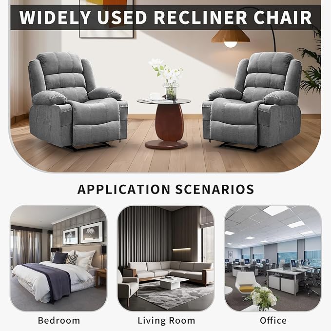 Large Recliner Chair for Adults Overstuffed Fabric Manual Pull Tab Recliner with Cup Holders, Side Pocket, 3-Position Recline, Minimalist Style Single Sofa Chair for Living Room Bedroom, Gray