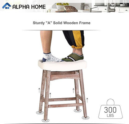 ALPHA HOME Bar Stools Set of 4, Solid Wood Saddle Kitchen Stools with Beige Linen Fabric Cushion Counter Height Barstools with Vintage Farm Wooden Base for Kitchen Dining Cafe, 24 Inch, Beige, 4PCS