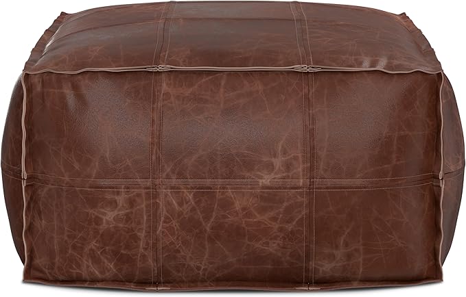 SIMPLIHOME Sheffield Boho Square Pouf in Distressed Brown Leather for the Living Room, Bedroom and Kids Room
