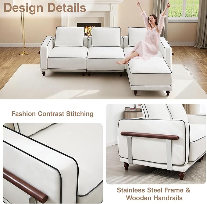 112" 3 Seater Cloud Couch with Ottoman,Modular Sectional L Shaped Sofa with Armrests Wooden Legs,Oversized Deep Seat Comfy Thicked Cushion Upholstered Sofa for Living Room Bedroom,White