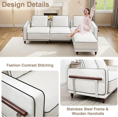 112" 3 Seater Cloud Couch with Ottoman,Modular Sectional L Shaped Sofa with Armrests Wooden Legs,Oversized Deep Seat Comfy Thicked Cushion Upholstered Sofa for Living Room Bedroom,White