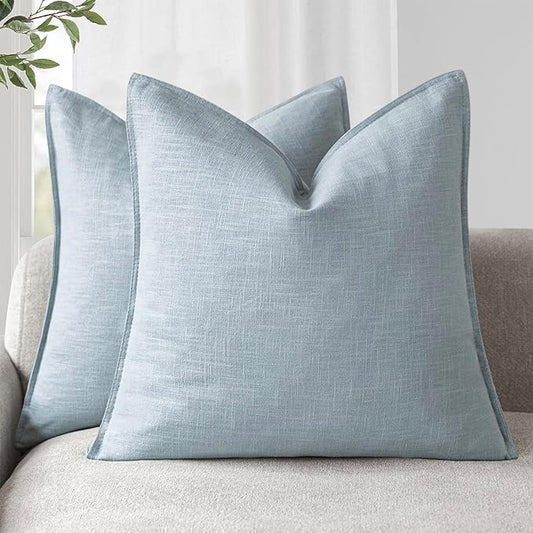Foindtower Pack of 2, Decorative Linen Soild Throw Pillow Covers Soft Accent Euro Cushion Case Boho Farmhouse Pillowcase for Chair Couch Sofa Bedroom Living Room Home Decor 26 x 26 Inch Sky Blue