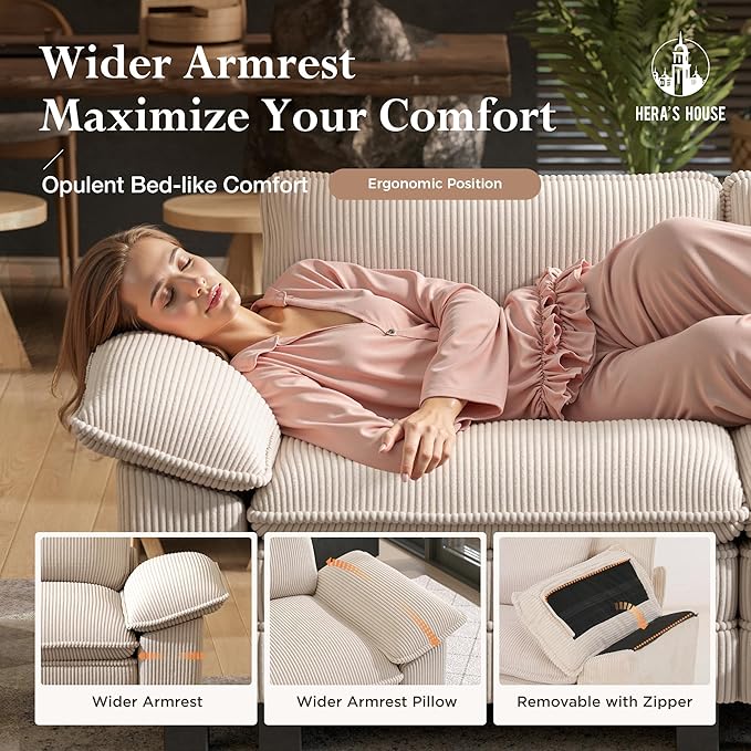 HERA'S HOUSE 124" Modular Sectional Sofa, Oversized U Shaped Couches for Living Room, Comfy Cloud Couch with Ottoman, 5-Seater Deep Seat Sofa with Throw Pillow, Corduroy Beige
