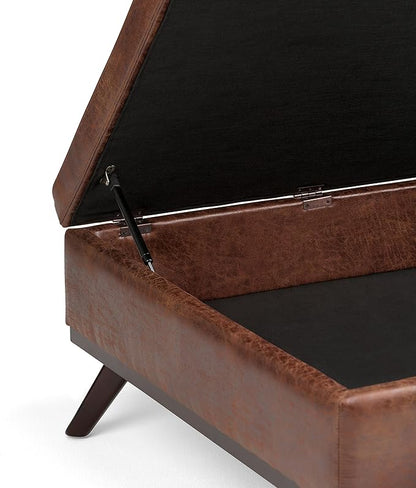 SIMPLIHOME Owen 36 inch Wide Mid Century Modern Square Coffee Table Storage Ottoman in Distressed Saddle Brown Vegan Faux Leather, Assembled, For the Living Room, Entryway and Family Room