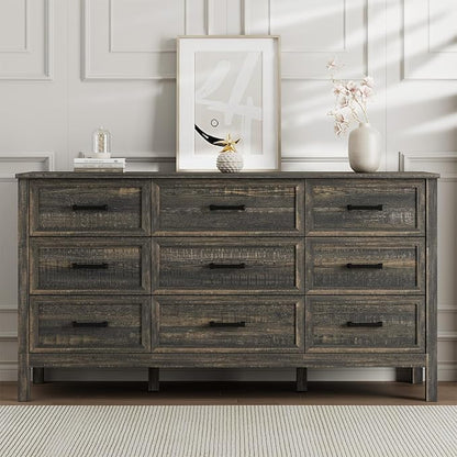 LYNSOM Farmhouse 9 Drawers Dresser for Bedroom, Wood Rustic Wide Chest of Drawers with Deep Drawers, Metal Handle, Storage Dressers Organizer for Entryway, Hallway, Dark Rustic Oak