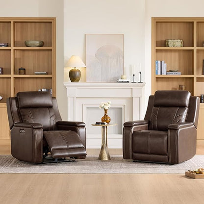 Watson & Whitely Genuine Leather Electric Recliner Chairs for Adults, Lay Flat Recliner with Power Headrest & Chargers for Living Room, Dark Brown