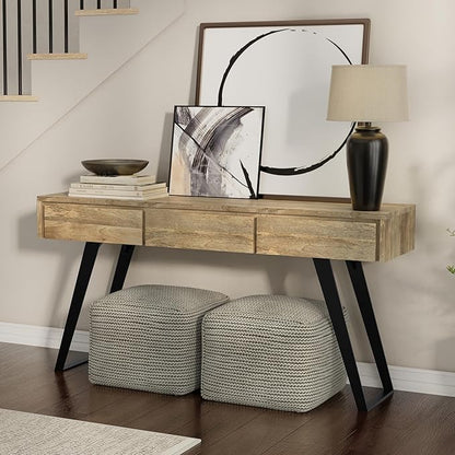 SIMPLIHOME Lowry Console Table - 60 Inch Wide Solid Mango Wood and Metal Sofa Table in Natural, Modern Industrial Storage Table for Entryway or Living Room with 3 Drawers and Angled Metal Legs