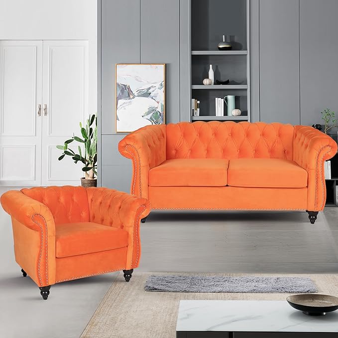 2 Piece Living Room Furniture Set, Velvet Loveseat and Chair Set, Mid Century Modern Upholstered Sofa Couch with Cushions, Comfy Tufted Chesterfield Couches for Living Room, Bedroom, Office
