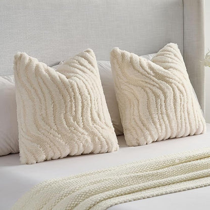 FUTEI Cream Decorative Throw Pillow Covers 12x20 Inch Set of 2,Soft Faux Fur Geometric Shapes Texture Pillowcase,Boho Home Decor for Couch Bed Living Room