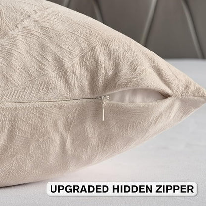 FUTEI Beige Velvet Throw Pillow Covers 22x22 Inch Set of 2,Soft Embossed Leaf-Relief Textured Cushion Cases,Natural Home Decor for Couch Living Room
