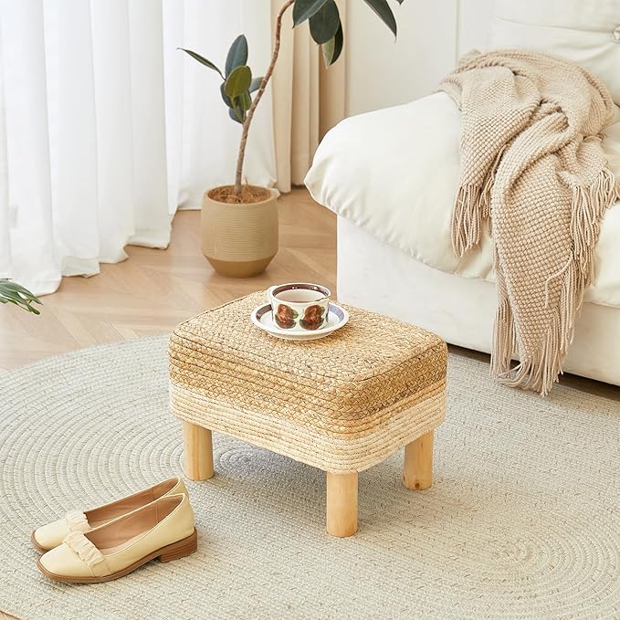 Ottoman Foot Stool Rectangular Footrest Natural Seagrass Footstool with Wooden Legs Hand Weave Multifunctional Modern Dressing Stool, Sofa Side Table for Bedroom for Living Room (White)