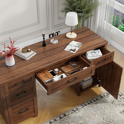 Farmhouse 61'' Executive Desk with 5 Drawers, Rustic Office Desk Computer Desk with Charging Station, File Drawers and Storage Cabinet, Wood Workstation for Study and Home Office. (Red-Brown)