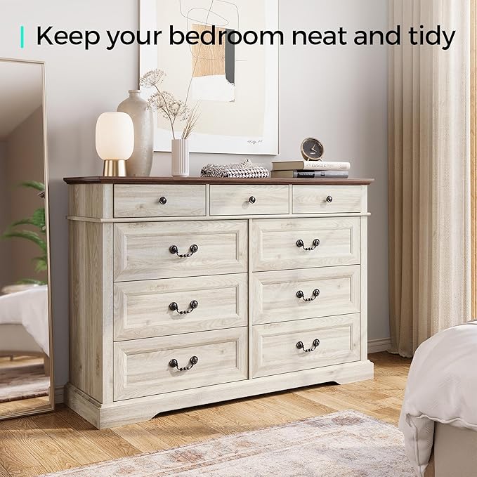 LINSY HOME Farmhouse 9 Drawers Dresser for Bedroom, Wood Bedroom Dresser Wide Chest of Drawers, French Country Storage Double Dressers Organizer for Closet, Living Room, Beige