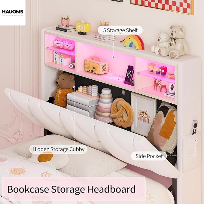 Twin Bed Frames with Storage Headboard, Power Outlet, Velvet Upholstered Platform Bed for Kids, LED Bed Frame Twin with 5 Storage Shelves, No Box Spring Needed, Creamy White