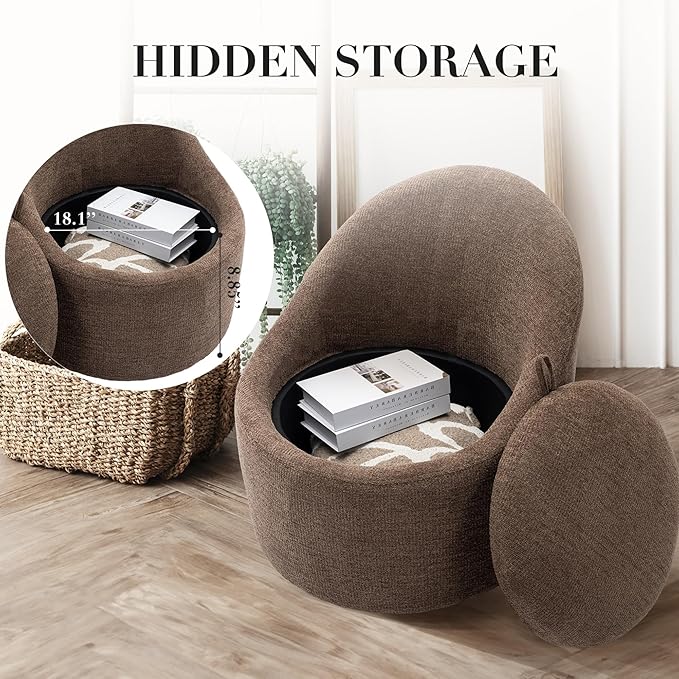 360° Swivel Accent Chair, Mid-Century Modern Chair with Hidden Storge, Small Swivel Chair with Arms for Living Room/Office-Brown