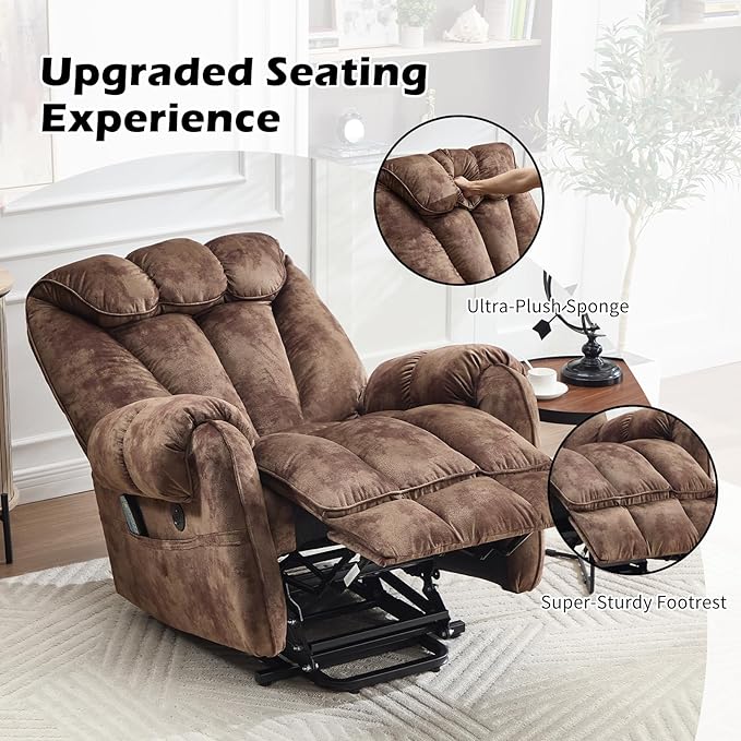 CANMOV Power Lift Recliner Chair for Elderly with Massage & Heat, Overstuffed Recliner Chairs for Adults, Electric Recliners with Type-C & USB Port, Side Pockets, for Living Room, Brown