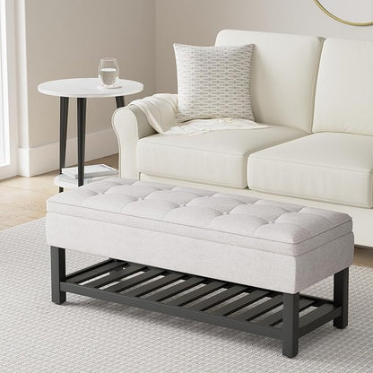 SIMPLIHOME Cosmopolitan 44 inch Wide Transitional Rectangle Storage Ottoman Bench with Open Bottom in Cloud Grey Linen Look Fabric, Assembled for the Living Room and Bedroom
