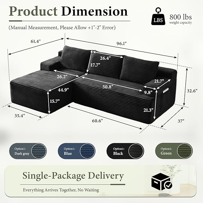 96''Sectional Couches for Living Room,Modern Modular Sectional Sofa,Upholstered Boneless Couch with Pockets,Comfy Cloud Couch with L Shaped Chaise (Black, 96''W Left Facing Chaise)