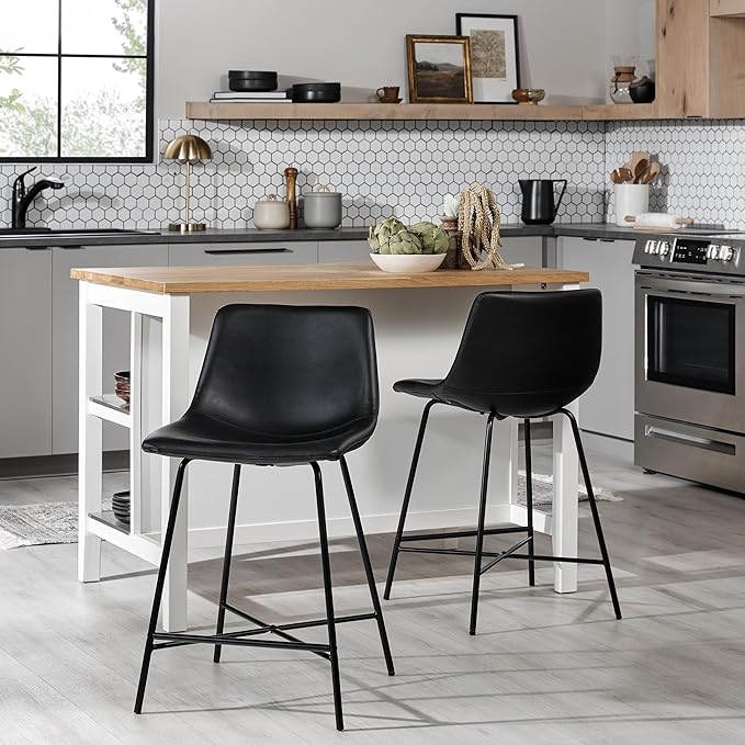 Walker Edison Xuma Modern Faux Leather Armless Low Back Counter Stool, Set of 2, Black