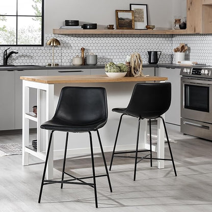 Walker Edison Xuma Modern Faux Leather Armless Low Back Counter Stool, Set of 2, Black