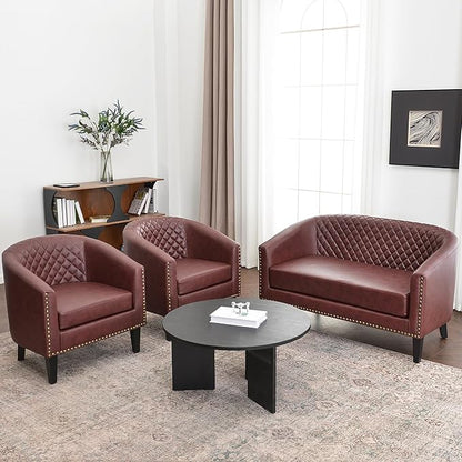 KINWELL 29" W Faux Leather Barrel Chairs Set of 2, Modern PU Upholstered Tufted Club Chairs with Nailhead Trim, Small Armchairs Accent Chairs for Living Room Bedroom Apartment Lounge Nursery, Red